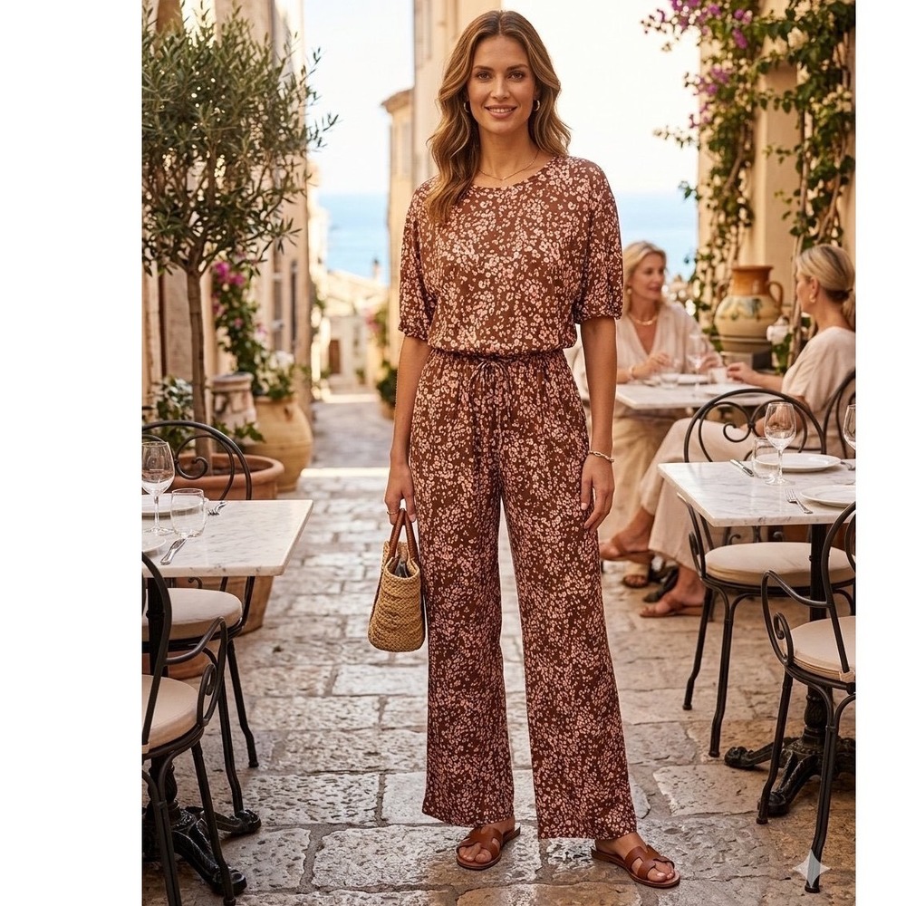 Muk Luks Brown Pink Leopard Animal Print Short Sleeve Wide Leg Jumpsuit Medium
